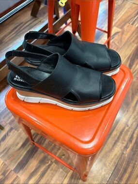 Sorel Joanie III slingback wedge sandals in black leather.